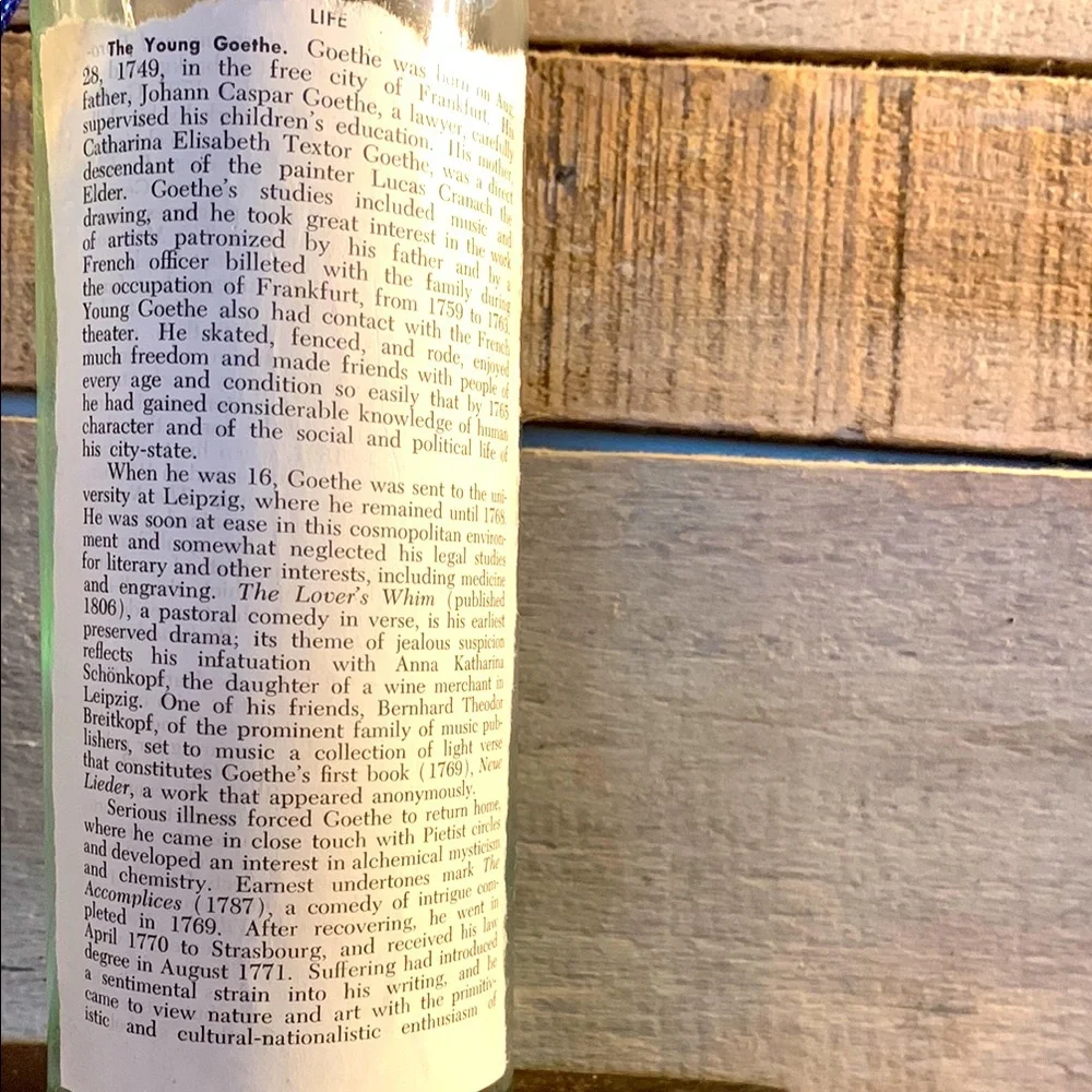 Handcrafted, upcycled decoupage bottle lantern Vintage encyclopedia Goethe page
